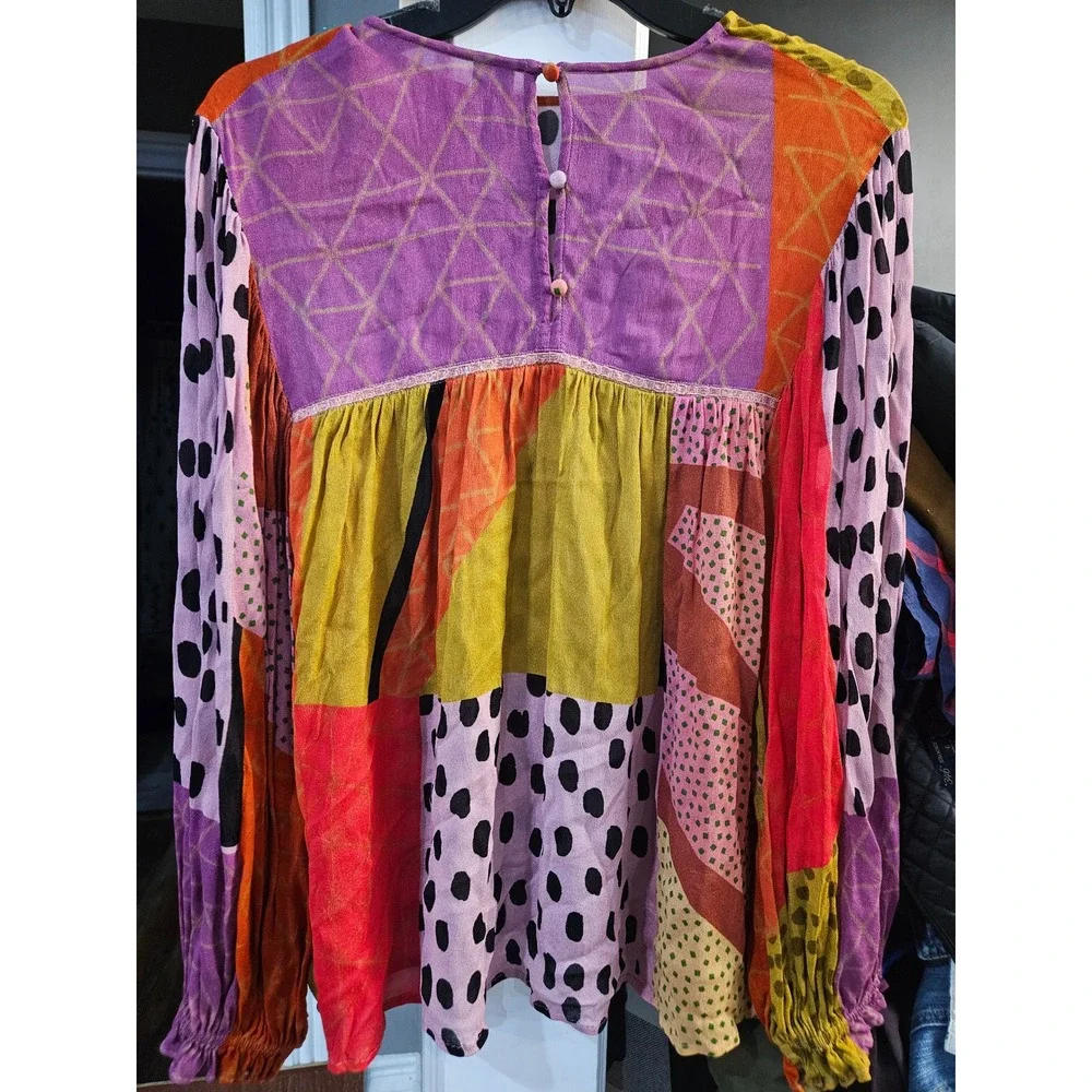 Whimisical Blink London ANTHRO  Patchwork Mixed Print Blouse Long Sleeve Pink  M - Picture 3 of 4